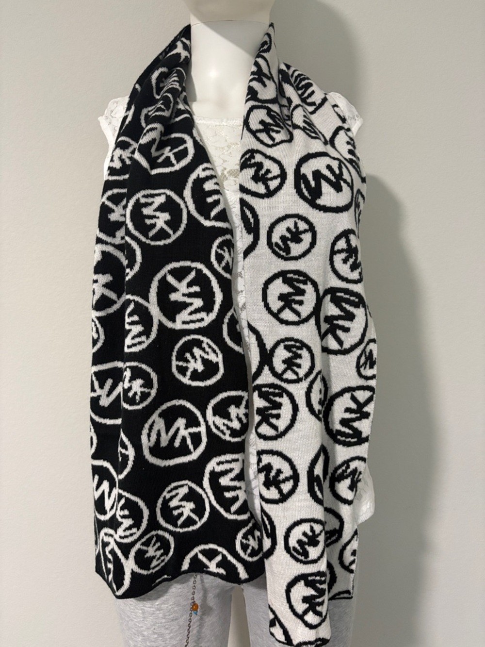 Michael Kors Black and White Logo Reversible Knit Scarf